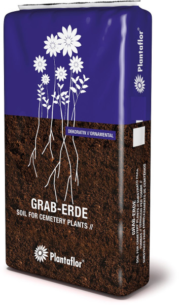 Produktbild von Plantaflor Graberde in einem 20 Liter Beutel mit blauem Design und weißer Blumenillustration geeignet für Grabpflanzen.