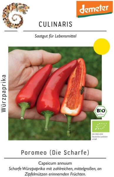 Produktbild von Culinaris BIO Würzpaprika Poromeo mit Darstellung der roten Früchte in einer Hand und Produktinformationen auf Deutsch.