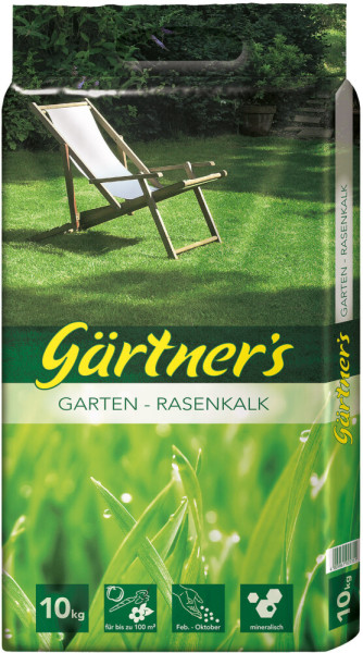 Produktbild von Gaertners Garten-Rasenkalk gekoernt 10kg Verpackung mit gruenem Rasen und Liegestuhl im Hintergrund sowie Anwendungszeitraum und Produkteigenschaften.
