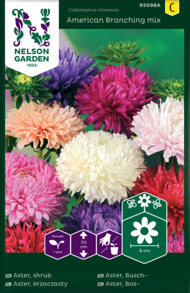Produktbild von Nelson Garden Sommeraster American Branching Mix mit bunten Blumen und Informationen zur Pflanzensorte sowie Symbolen für Einjährigkeit, Wuchshöhe und Blütenabstand in mehreren Sprachen.