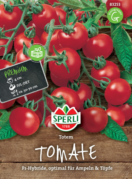 Produktbild von Sperli Cocktail-Tomate Totem F1 mit reifen Tomaten am Zweig und Verpackungsdesign mit Markenlogo sowie Informationen zur Sorte und Eignung für Ampeln und Töpfe auf Deutsch.