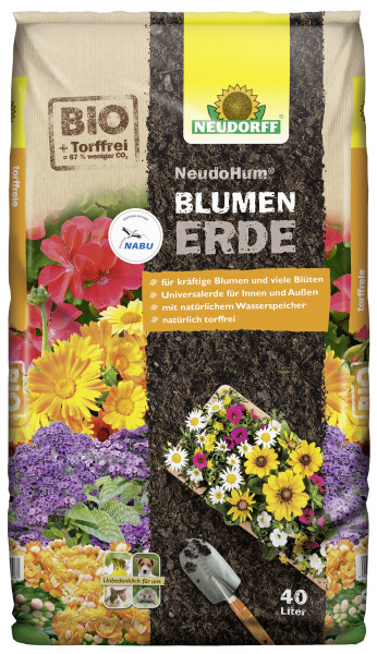 Produktbild von Neudorff NeudoHum BlumenErde 40l Verpackung mit Hinweisen zu Biotorffreiheit und CO2-Einsparung sowie Informationen zur Eignung für kräftige Blumen und viele Blüten innen und außen, mit natürlichem Wasserspeicher und Siegel vom NABU.
