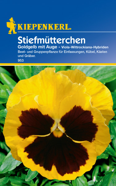 Produktbild von Kiepenkerl Stiefmütterchen Goldgelb mit Auge mit Nahaufnahme der Blüte und Verpackungsdesign darunter mit Markenlogo und Informationen zur Pflanze in Deutsch.