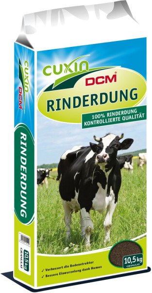 Produktbild von Cuxin DCM Rinderdung Granulat in einer 10, 5, kg Packung mit Angaben zu 100 Prozent Rinderdung kontrollierter Qualität, Hinweisen zur Verbesserung der Bodenstruktur und Einwurzelung durch Humus, sowie einer Abbildung einer Kuh auf einer We