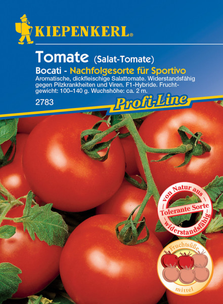 Produktbild von Kiepenkerl Salat-Tomate Bocati F1 mit Beschreibung der aromatischen und dickfleischigen Eigenschaften sowie Hinweisen zur Resistenzen gegen Pilzkrankheiten und Viren auf der Verpackung.