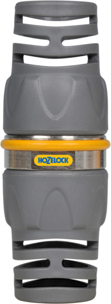 Produktbild des Hozelock Schlauchreparaturstueck Pro 125 mm mit grauem Korpus und gelbem Firmenlogo auf weißem Hintergrund