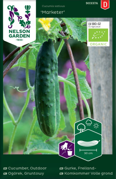Produktbild von Nelson Garden BIO Schlangengurke Marketer mit Darstellung der Gurke an der Pflanze und Verpackungsinformationen sowie BIO-Siegel.