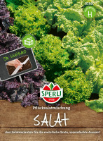 Produktbild von Sperli Pflücksalatmischung Saatband mit verschiedenen Salatsorten, Informationshinweis zu 5m Saatband und der Marke Sperli sowie Angaben zu...