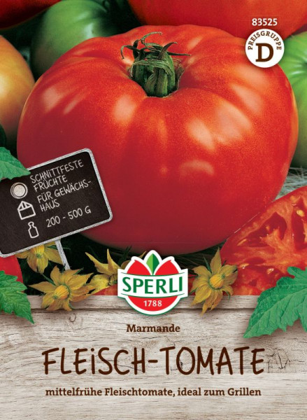 Produktbild von Sperli Fleisch-Tomate Marmande mit einer reifen Tomate und Verpackungsdesign inklusive Produktbeschreibung und Markenlogo.