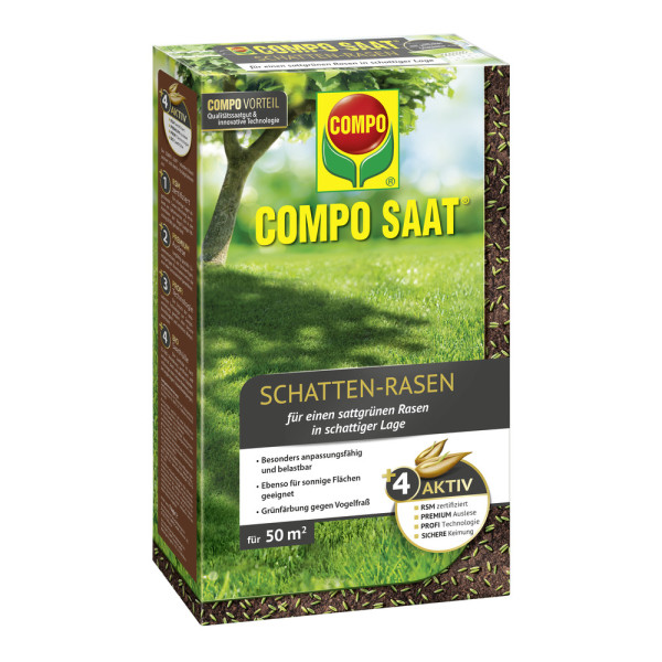 Produktbild von COMPO SAAT Schatten-Rasen Rasensamen in einer 1kg Packung mit Informationen über Anpassungsfähigkeit Grünfärbung gegen Vogelfraß und Eignung für schattige Flächen in deutscher Sprache.