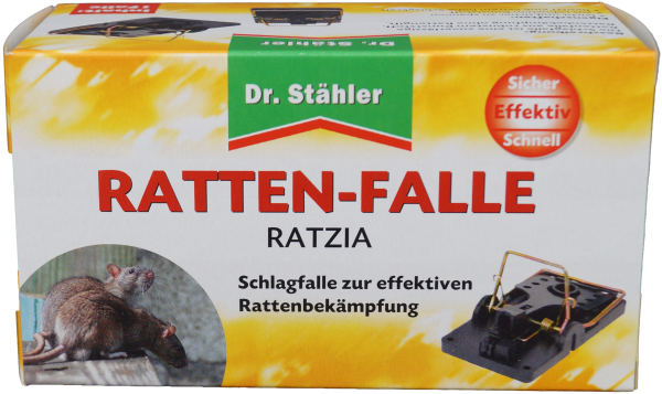 Produktbild von Dr. Stähler Ratten-Falle RATZIA mit Bildern einer Ratte und einer Schlagfalle sowie den Attributen sicher, effektiv und schnell.