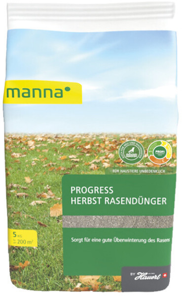 Produktbild von MANNA Progress Herbst Rasendünger 5kg Packung mit einer herbstlichen Rasenfläche im Hintergrund und Informationen zum Inhalt und der Anwendung in deutscher Sprache.