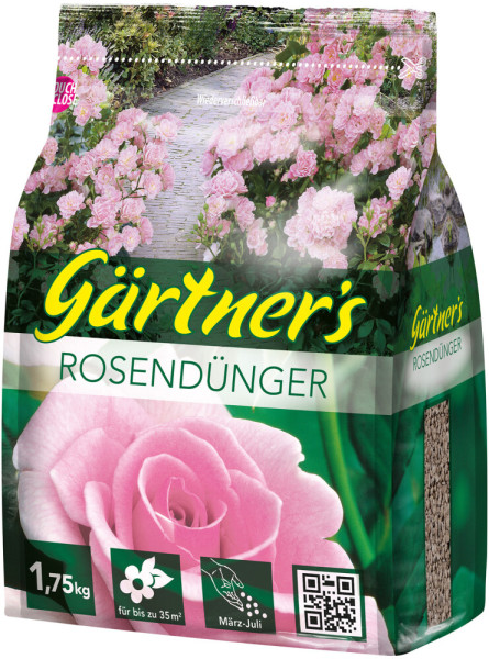 Produktbild von Gaertners Rosenduenger 1, 75, kg mit Abbildungen von Rosen und Angaben zur Anwendungsdauer und Flächenabdeckung.
