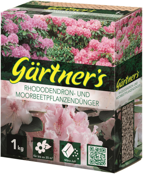 Produktbild von Gaertners Rhododendron- und Moorbeetpflanzenduenger 1kg mit Blumenabbildungen und Informationen zur Anwendungsdauer sowie QR-Code.