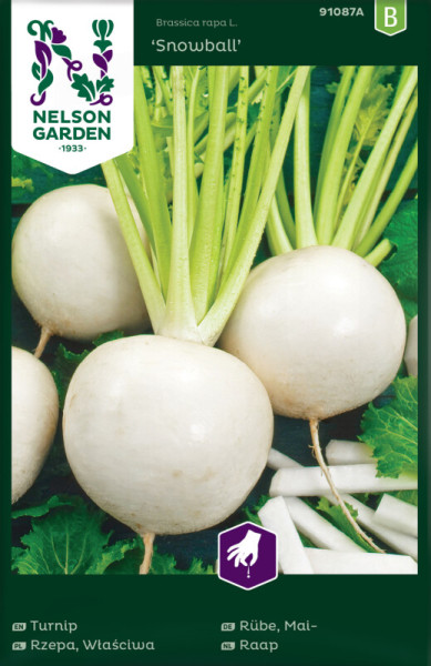 Produktbild von Nelson Garden Mairübe Snowball mit Abbildungen von weißen Rüben und Blattgrün sowie Produktinformationen und Logo in mehrsprachiger Beschriftung.