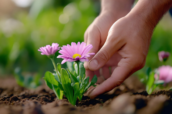 large-gardener-planting-pink-daisy-flowers-in-garden-soil
