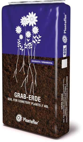 Produktbild von Plantaflor Graberde in einer 40-Liter Verpackung mit weißen Blumenillustrationen und Produktinformationen in deutscher und englischer Sprache.