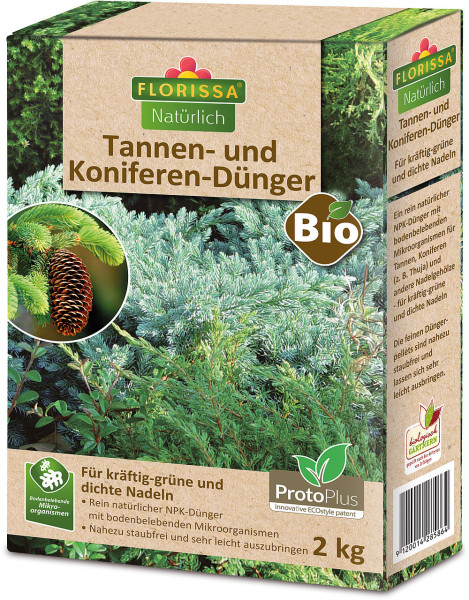 Produktbild von Florissa Naturlich Tannen und Koniferen-Dunger 2kg Verpackung mit Hinweis auf kraftig-grune und dichte Nadeln sowie ProtoPlus und bodenbelebenden Mikroorganismen.