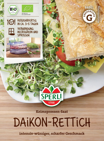 Produktbild von Sperli BIO Keimsprossen-Saat Daikon-Rettich mit Darstellung der Sprossen, Verpackungshinweisen und intensiv-würzigem Geschmacksprofil.