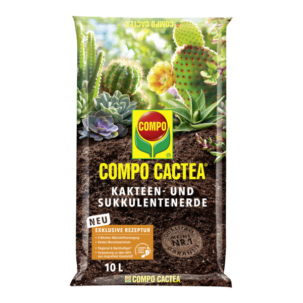 Produktbild von COMPO CACTEA Kakteen- und Sukkulentenerde in einer 10 Liter Verpackung mit der Aufschrift Neu Exklusive Rezeptur und Informationen zu Inhaltstoffen und Nachhaltigkeit.