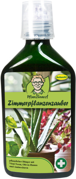 Produktbild von Schacht PFLANZENARZT Zimmerpflanzenzauber 350ml mit einer Abbildung gesunder Zimmerpflanzen und Informationen zu pflanzlichen Düngern mit Vital-Neem, Oliven-Humus und Aminosäuren.
