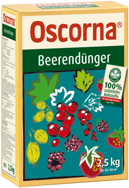 Produktbild von Oscorna-Beerendünger in einer 2, 5, kg Packung mit verschiedenen Beerenillustrationen und Hinweisen auf 100% natürliche Rohstoffe sowie Angaben zum Deckungsbereich.