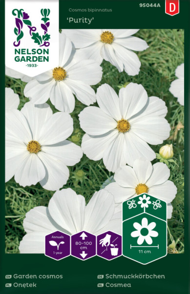 Produktbild von Nelson Garden Schmuckkörbchen Purity mit Darstellung der Blumen und Informationen zur Pflanzenart, Wuchshöhe und Lebensdauer auf Deutsch und weiteren Sprachen.