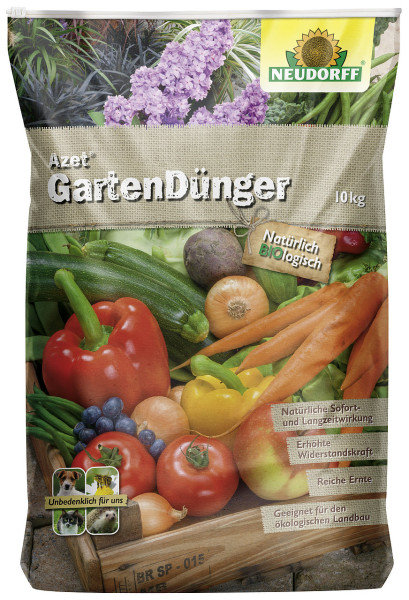 Produktbild von Neudorff Azet GartenDünger in einer 10kg Packung mit verschiedenen Gemüsesorten und Hinweis auf natürliche Inhaltsstoffe sowie Verträglichkeit für Haustiere