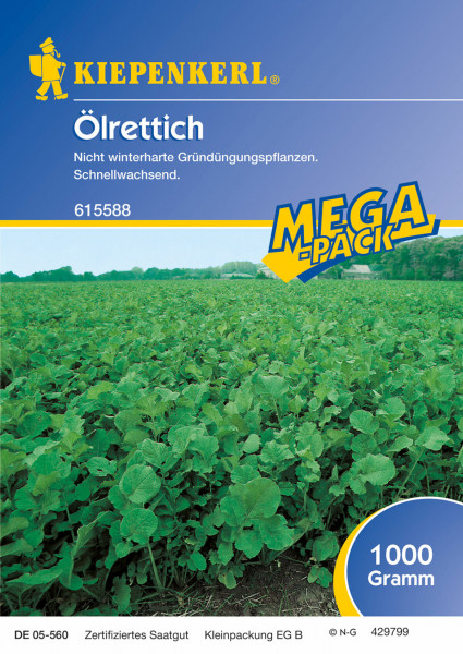 Produktbild von Kiepenkerl Ölrettich 1 kg mit einer Abbildung eines Rettichfeldes und Angaben zur Saatgutart und Packungsgröße in deutscher Sprache.