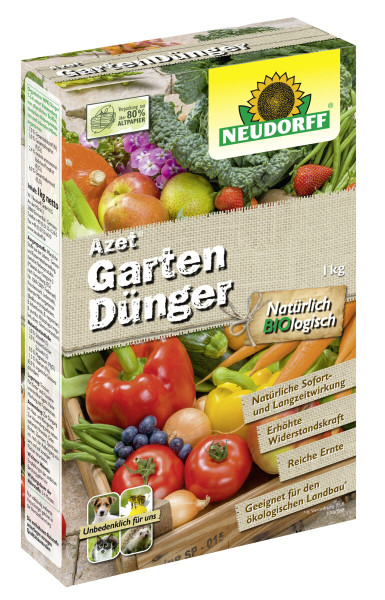 Produktbild von Neudorff Azet GartenDuenger 1kg Verpackung mit verschiedenen Gemueseabbildungen und Hinweisen zu Natuerlicher Sofort und Langzeitwirkung sowie Bio Kennzeichnung