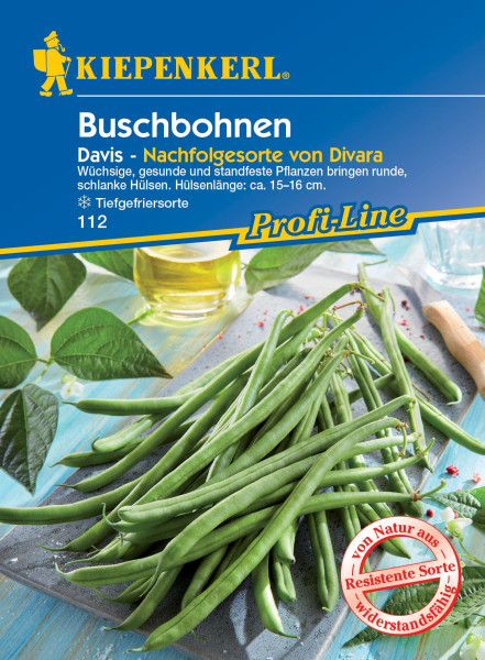 Produktbild von Kiepenkerl Buschbohne Davis mit Angaben zu Pflanzeigenschaften und Hinweis auf resistente Sorte auf deutsch.