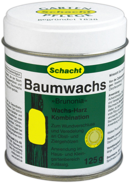 Produktbild von Schacht Baumwachs Brunonia 125g mit Markenlogo und Informationen zur Anwendung für Wundverschluss und Veredelung an Obst und Ziergehölzen.