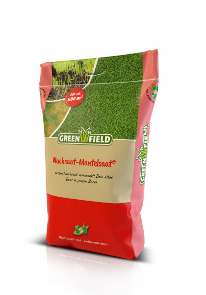 Produktbild von GREENFIELD Nachsaat-Mantelsaat 10kg auf dem eine Verpackung mit Rasenbild und Angaben zur Flächenabdeckung sowie Produktmerkmalen zu sehen ist.