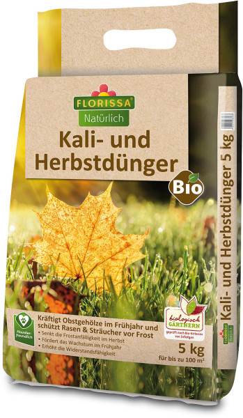 Produktbild von Florissa Natürlich Kali- und Herbstdünger in einer 5kg Verpackung mit Hinweisen zu Bio-Gärtnern und haustierfreundlichen Eigenschaften.