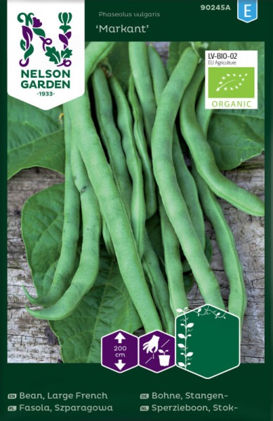Produktbild von Nelson Garden BIO Stangenbohne Markant mit Samenpaketeinheit und organischen Zertifizierungssymbolen vor einem Hintergrund aus grünen Bohnen und Blättern.