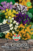 Produktbild von Sperli Wildkrokus Botanische Mischung mit einer bunten Auswahl an Krokussen und Verpackungsinformationen auf Deutsch. Produktbild von Sperli Wildkrokus Botanische Mischung mit einer bunten Auswahl an Krokussen und Verpackungsinformationen auf Deutsch.