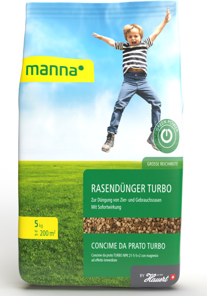 Produktbild von MANNA Rasendünger Turbo in einer 5kg Verpackung mit Abbildung eines springenden Kindes und Informationen zur Anwendung für Zier- und Gebrauchsrasen mit Sofortwirkung.