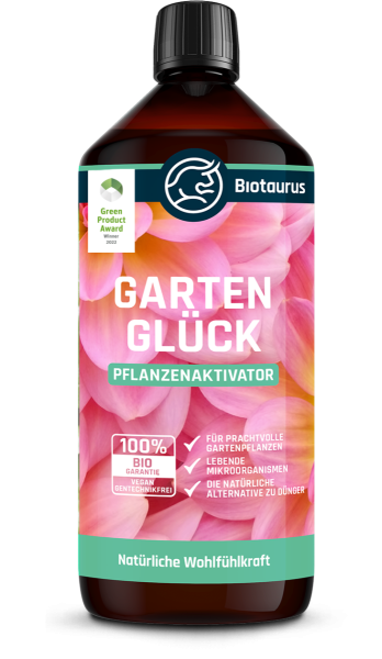 Produktbild von Biotaurus Gartenglück Pflanzenaktivator in einem 1-Liter-Behälter mit Informationen über Biogarantie, vegan und gentechnikfrei sowie als natürliche Alternative zu Dünger.