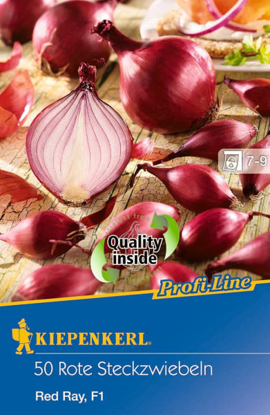 Produktbild von Kiepenkerl Steckzwiebel Red Ray 14/21 mit Darstellung von ganzen und halbierten roten Zwiebeln sowie der Verpackung mit Produktbezeichnung und Qualitätsiegel.
