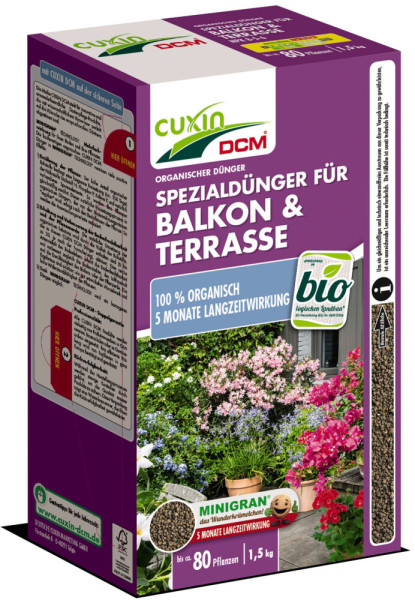 Produktbild von Cuxin DCM Spezialdünger für Balkon und Terrasse Minigran in einer 1, 5, kg Streuschachtel mit Informationen zu 100 Prozent organischem Inhalt und 5 Monate Langzeitwirkung.