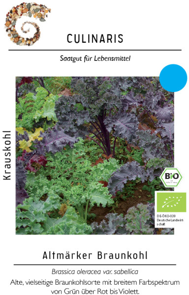 Produktbild von Culinaris BIO Altmärker Braunkohl Verpackung mit Bildern von Krauskohl und Siegel für biologische Landwirtschaft.