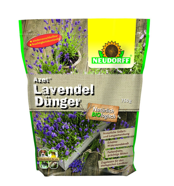 Produktbild des Neudorff Azet LavendelDuengers in einer 750g Packung mit Abbildungen von Lavendelpflanzen und Produktvorteilen auf Deutsch.