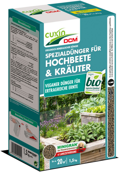 Produktbild von Cuxin DCM Spezialdünger für Hochbeete und Kräuter Minigran in einer 1, 5, kg Streuschachtel mit Informationen zur Anwendung und der veganen Formel für eine ertragreiche Ernte.
