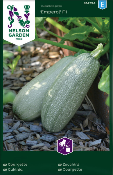 Produktbild von Nelson Garden Zucchini Emperol F1 mit einer dargestellten Zucchini auf Holzspänen und Verpackungsinformationen wie Sortenname, Markenlogo und Anbausymbolen in verschiedenen Sprachen.