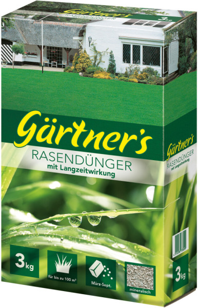 Produktbild von Gärtners Rasendünger mit Langzeitwirkung in einer 3kg Verpackung mit Grünfläche und Haus im Hintergrund sowie Angaben zur Anwendungsdauer und mineralischen Zusammensetzung.