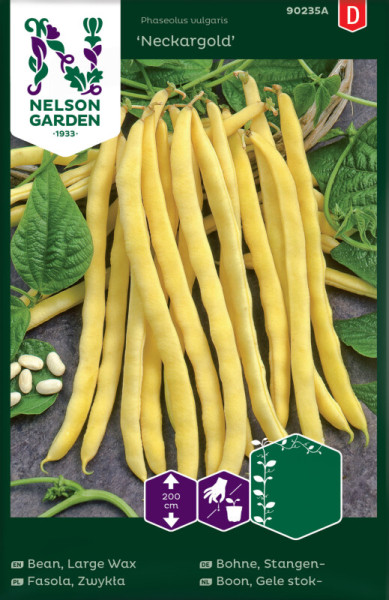 Produktbild von Nelson Garden Stangenbohne Neckargold mit Abbildung der gelben Bohnen und Hinweisen zu Pflanzhöhe und Aussaat auf der Verpackung in verschiedenen Sprachen.