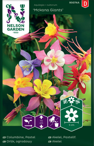 Produktbild von Nelson Garden Pastellfarbene Akelei Mckana Giants mit Abbildungen der bunten Blumen und Angaben zur Pflanzengröße und Lebensdauer sowie dem Logo von Nelson Garden.