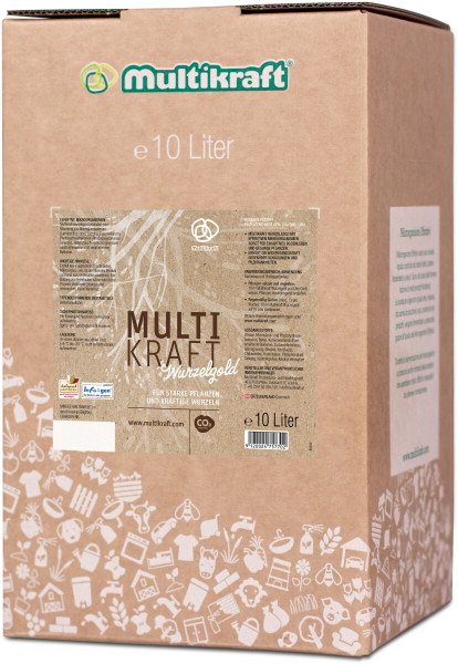 Produktbild von Multikraft Wurzelgold in einer 10 Liter Verpackung mit Markenlogo und Produktbeschreibung für starke Pflanzen und kräftige Wurzeln auf Deutsch.