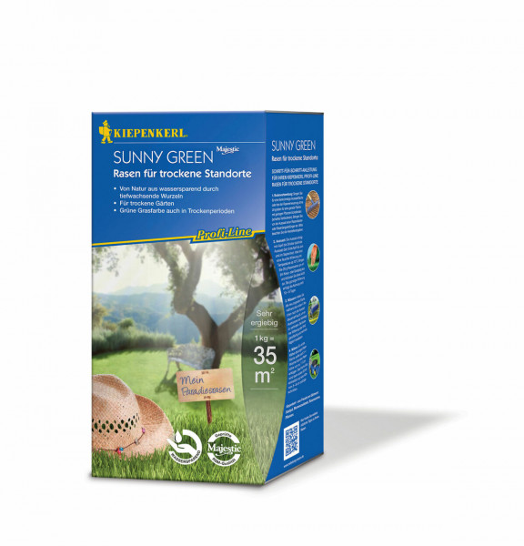 Produktbild von Kiepenkerl Profi-Line Sunny Green Rasen für trockene Standorte 1 kg Packung mit Informationen zur Wassersparfunktion und Angaben zur Flächenabdeckung.