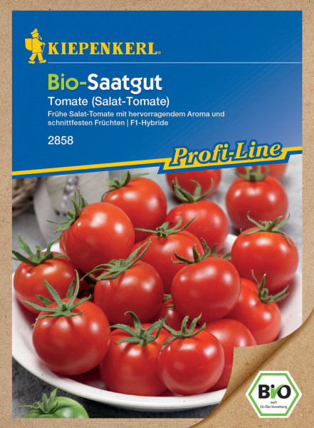 Produktbild von Kiepenkerl BIO Salat-Tomate F1 mit reifen Tomaten auf einem Teller und Verpackungsdesign mit Produktinformationen in deutscher Sprache.
